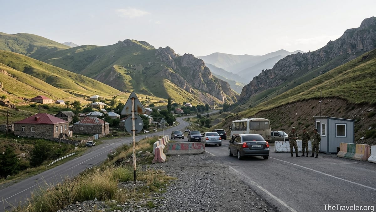 Mountain road and border checkpoint in the South Caucasus near Nagorno Karabakh