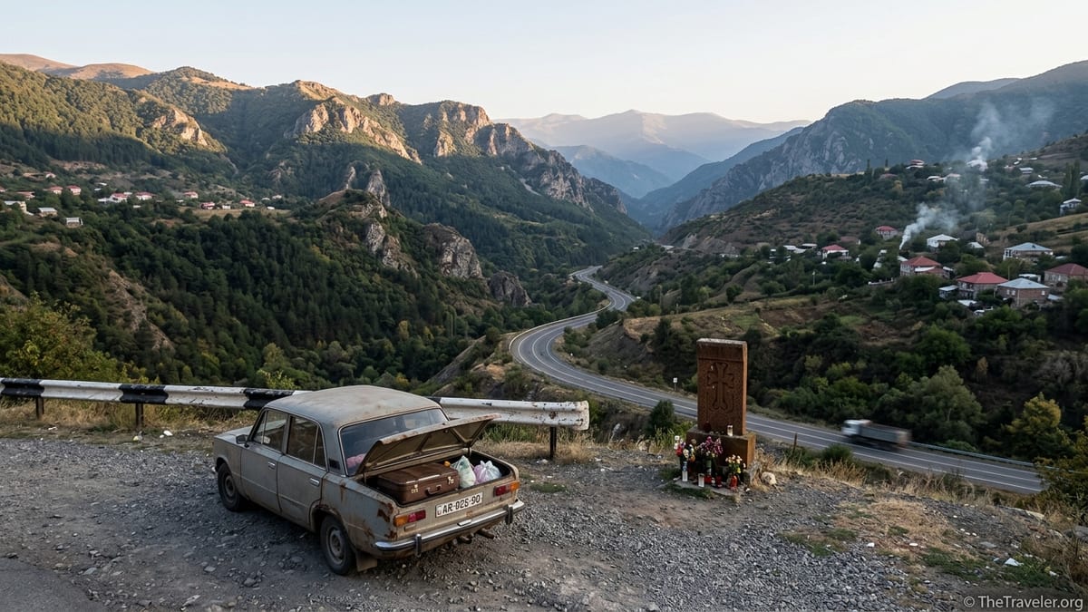 Mountain road and parked car overlooking hazy valleys near former Nagorno Karabakh at sunset.