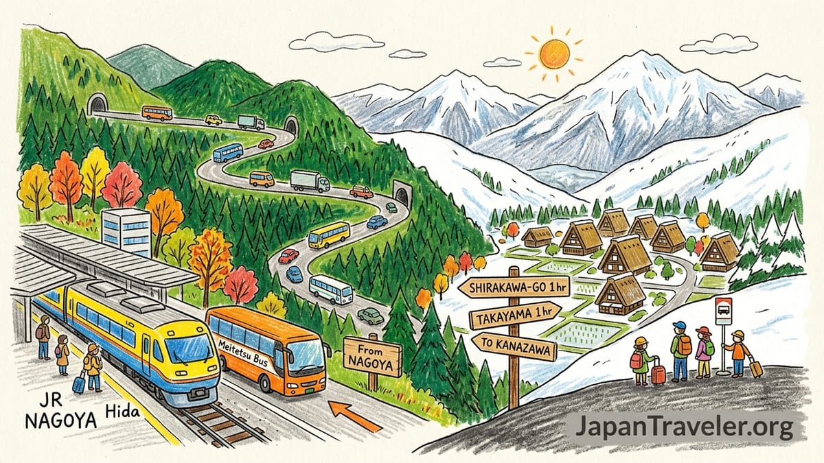 View over Shirakawa-go gassho-zukuri village and mountains in soft afternoon light.