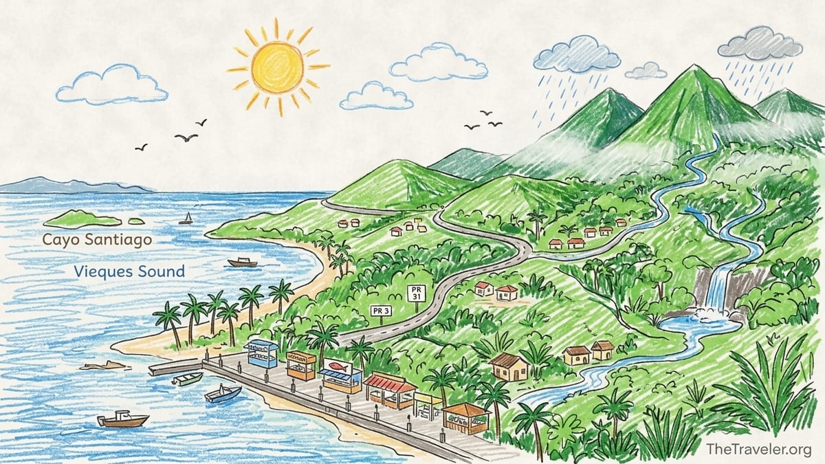 Sunrise over the Malecón de Naguabo with fishing boats, waterfront restaurants and the green Luquillo Mountains in the背景.