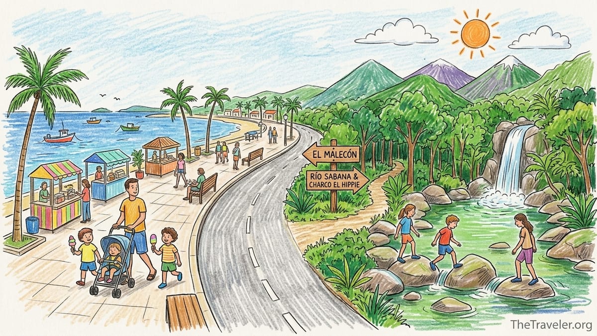 Family walking the Malecón waterfront in Naguabo with restaurants and bay views.