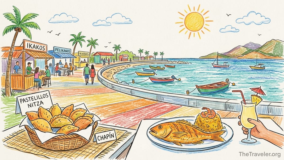 Pastelillos de chapín and fried fish on a table overlooking the Naguabo Malecón waterfront