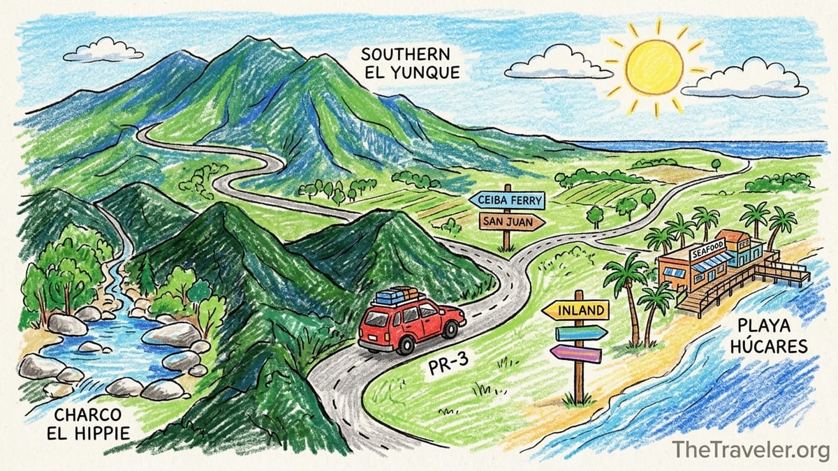 Coastal road and mountains near Naguabo, Puerto Rico, with sea and green hills.
