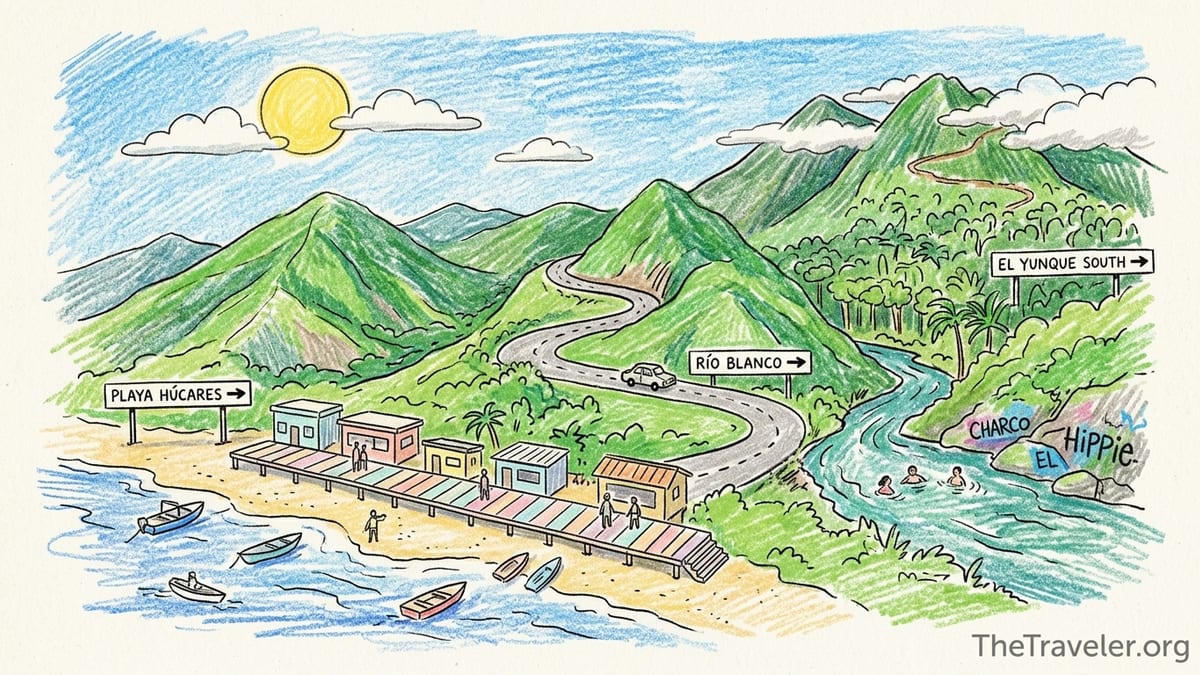 Waterfront and fishing boats along the Malecón at Playa Húcares in Naguabo with rainforest mountains behind