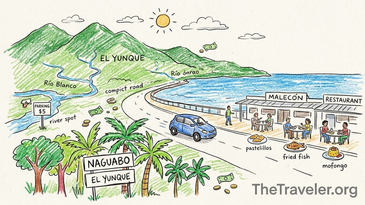 Waterfront restaurants and calm bay along the Malecón in Naguabo, Puerto Rico
