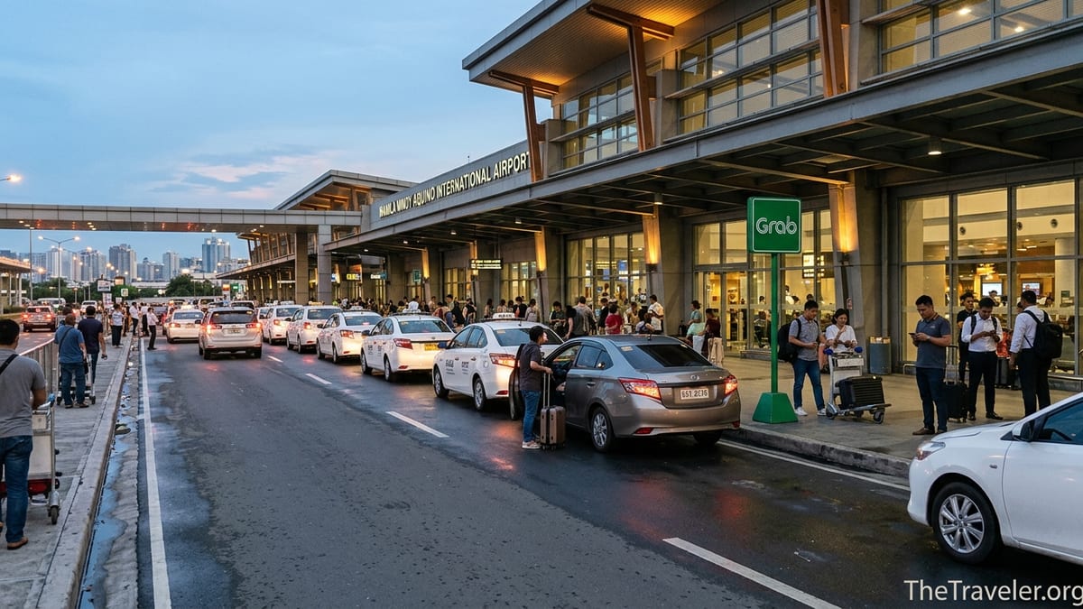 Taxi and Grab pickup area outside Manila NAIA Terminal 3 at dusk with travelers and luggage.