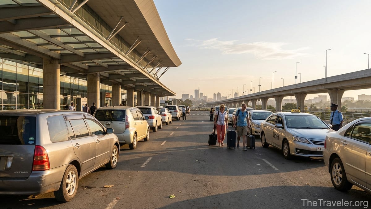 Arrivals area at Nairobi’s Jomo Kenyatta Airport with taxis, cars and travelers at sunrise.