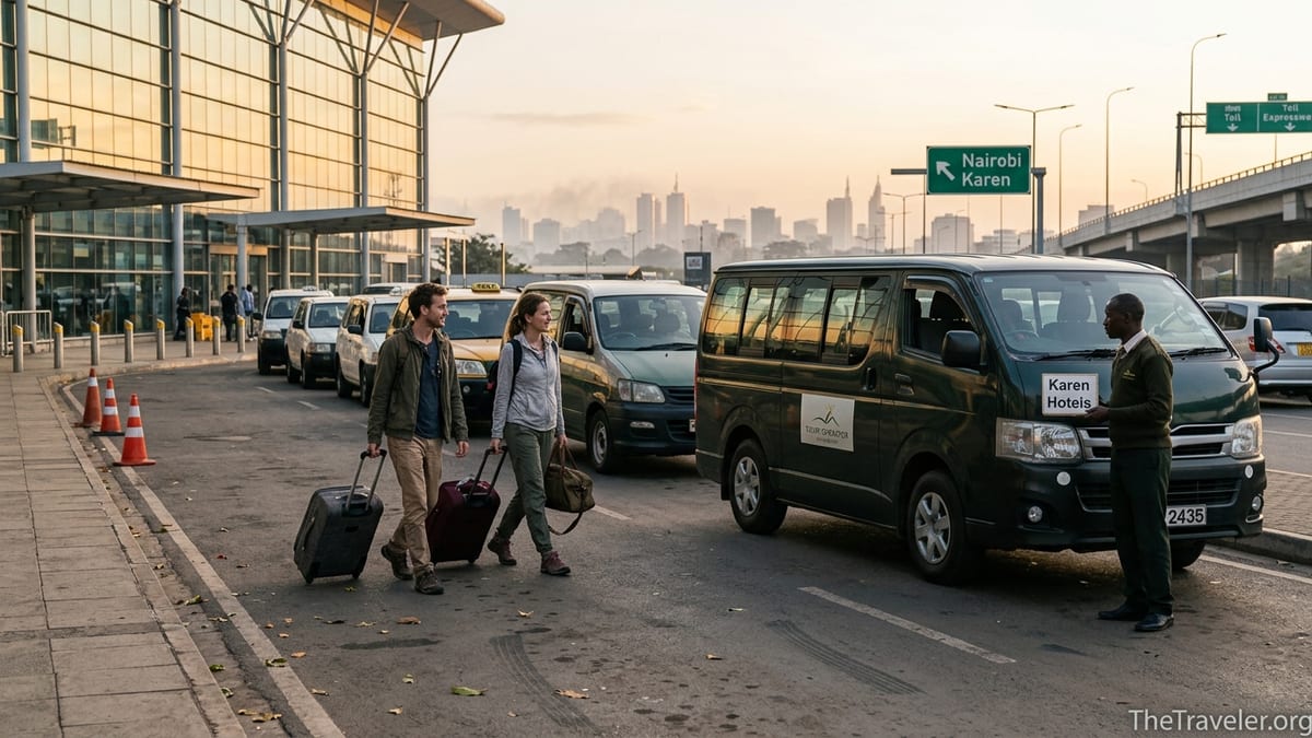 Travellers with luggage meeting a driver at Nairobi airport for a transfer to Karen.