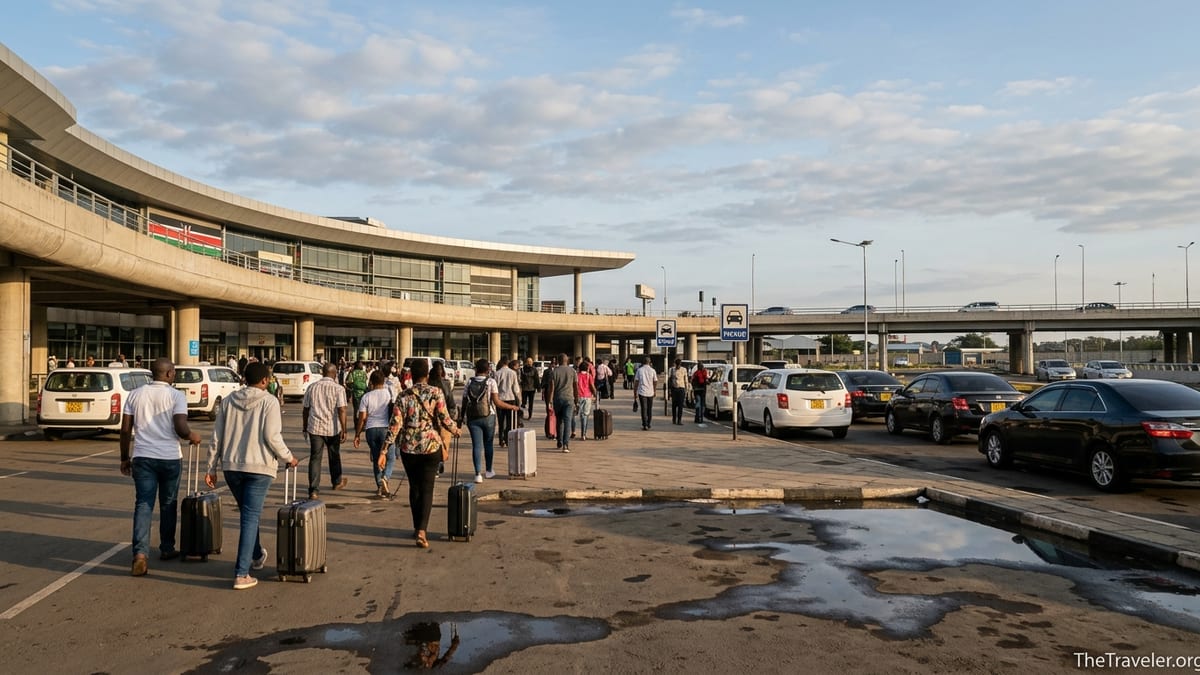 Travelers outside Nairobi’s Jomo Kenyatta International Airport arrivals area with taxis and the Nairobi Expressway in view.