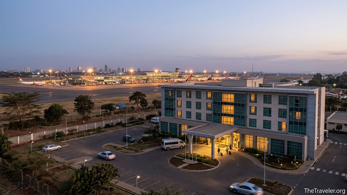 Evening view of a Nairobi airport hotel with shuttle and JKIA terminals in the background.