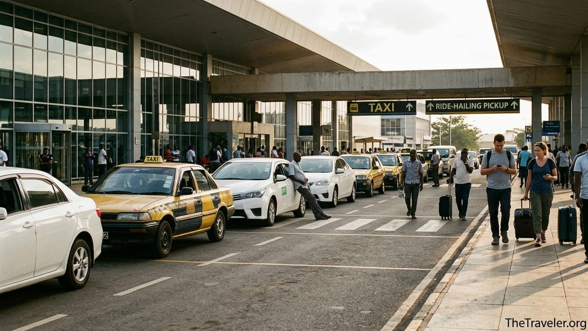 Taxis and travelers outside Nairobi’s Jomo Kenyatta International Airport arrivals area.