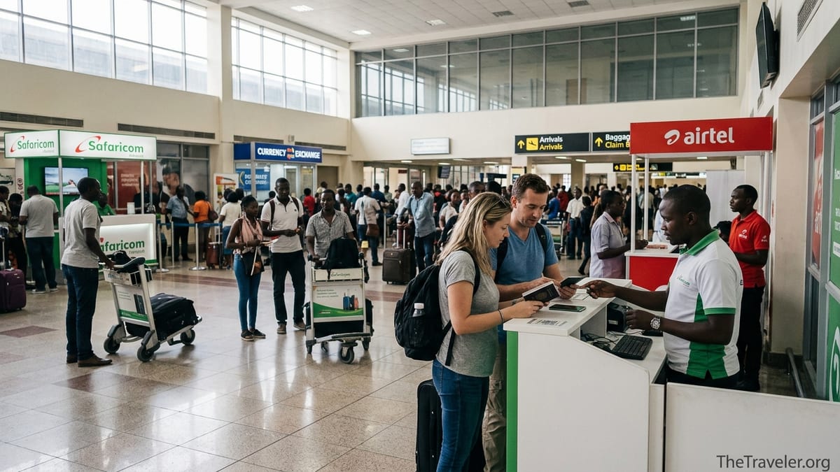 Travelers at Nairobi JKIA arrivals hall near SIM card kiosks, ATMs and currency exchange.