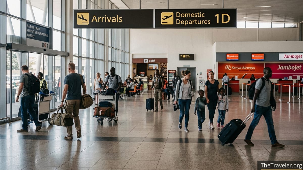 Travelers walking from international arrivals toward domestic check-in at Nairobi JKIA Terminal 1D.