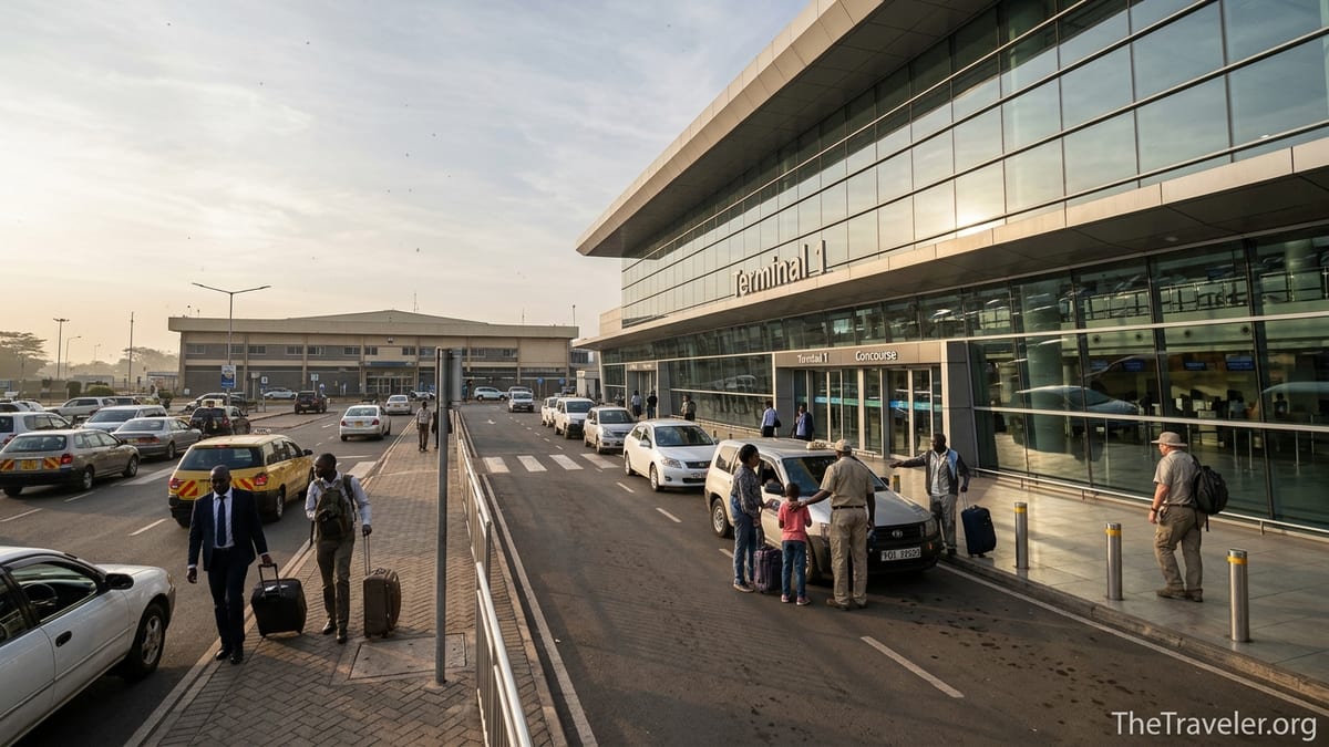 Exterior of Nairobi’s Jomo Kenyatta Airport showing Terminal 1 and distant Terminal 2 with travelers at drop off.