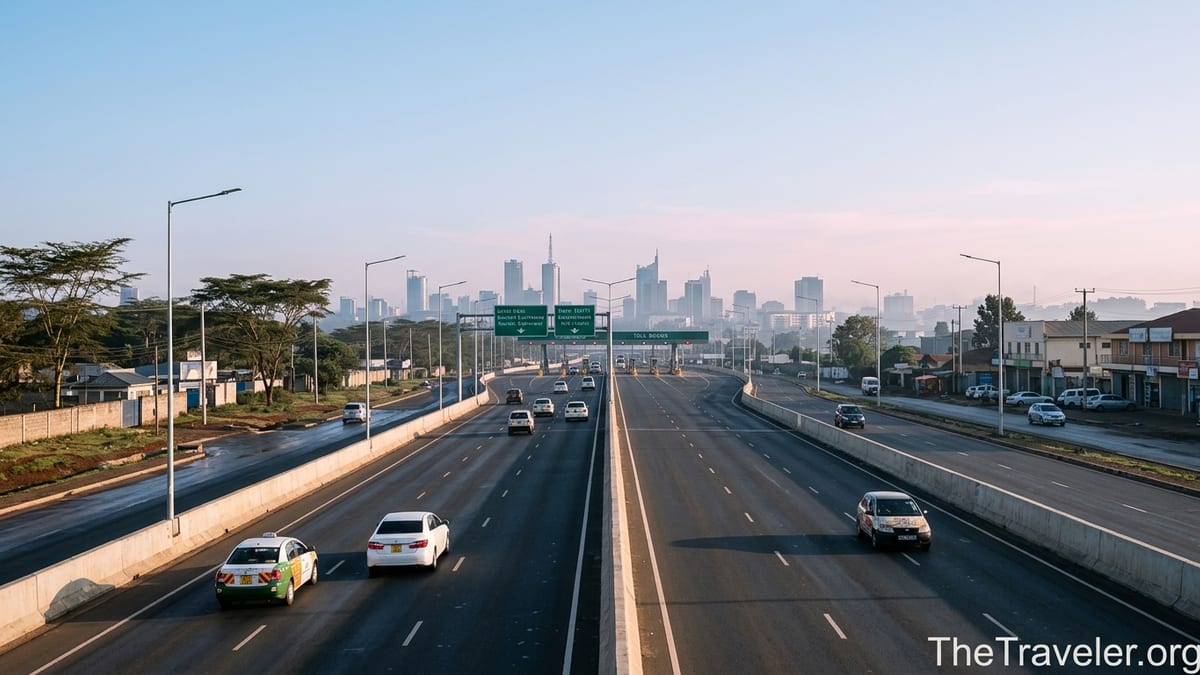 Cars on Nairobi Expressway at dawn heading from JKIA toward Westlands skyline.