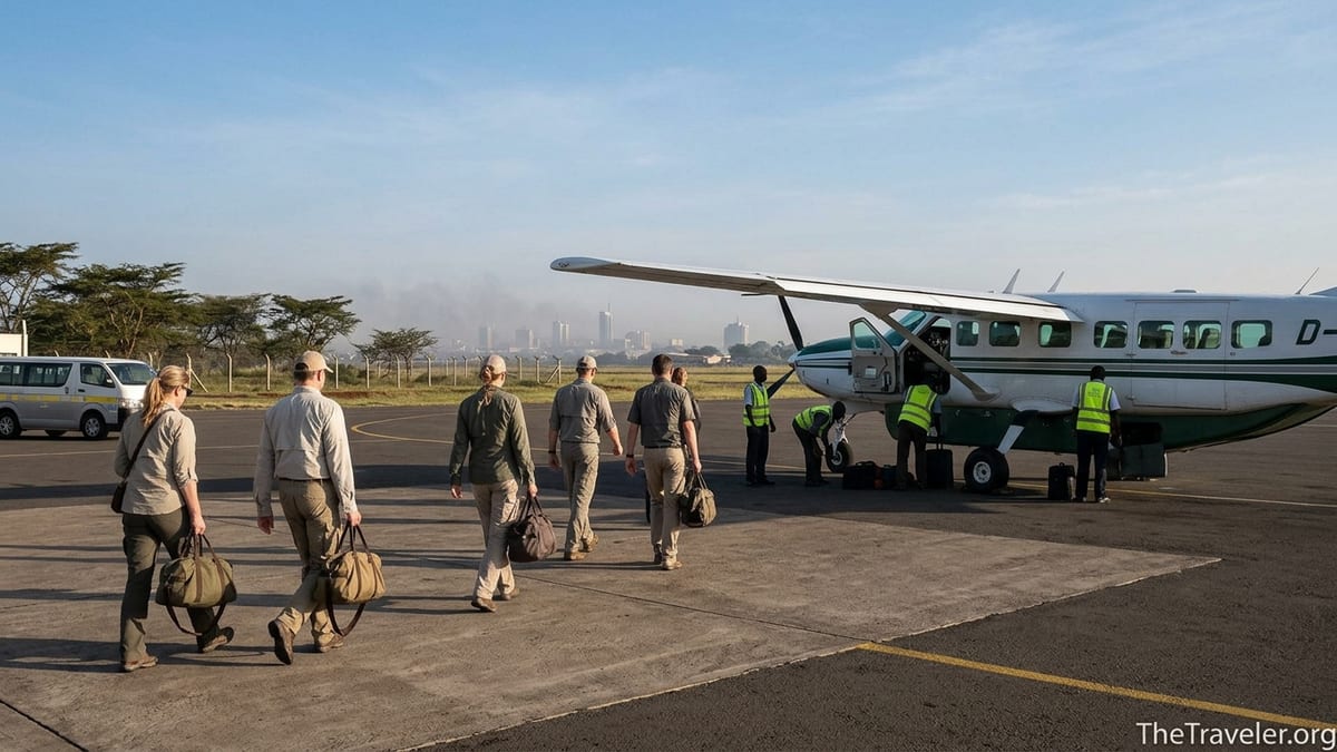 Travelers with duffel bags boarding a small safari plane at Nairobi’s Wilson Airport at sunrise.