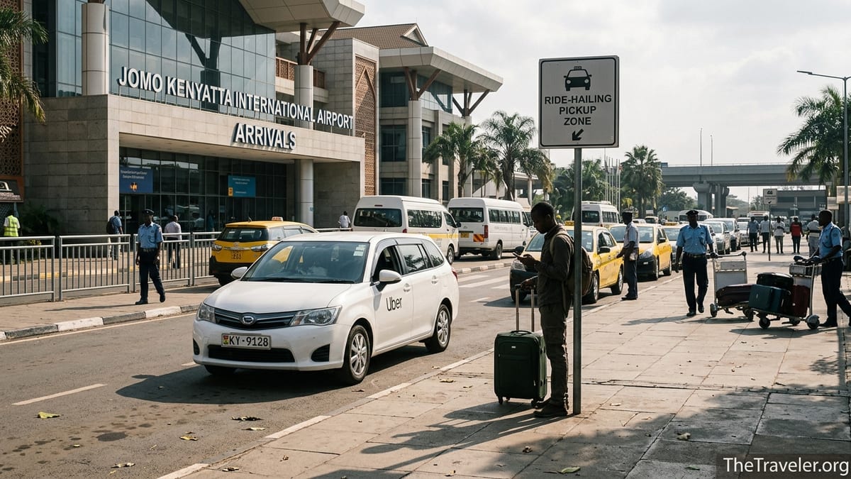 Traveler waiting at Nairobi JKIA ride-hailing pickup zone as an Uber car arrives.