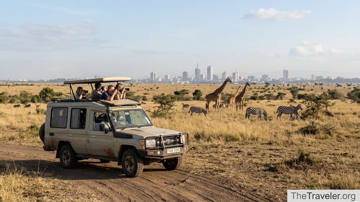 Safari vehicle with tourists in Nairobi National Park with Nairobi skyline in the background.