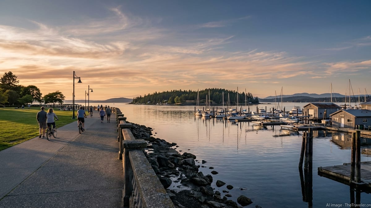 Nanaimo waterfront walkway at golden hour facing Newcastle Island with boats in the harbour.