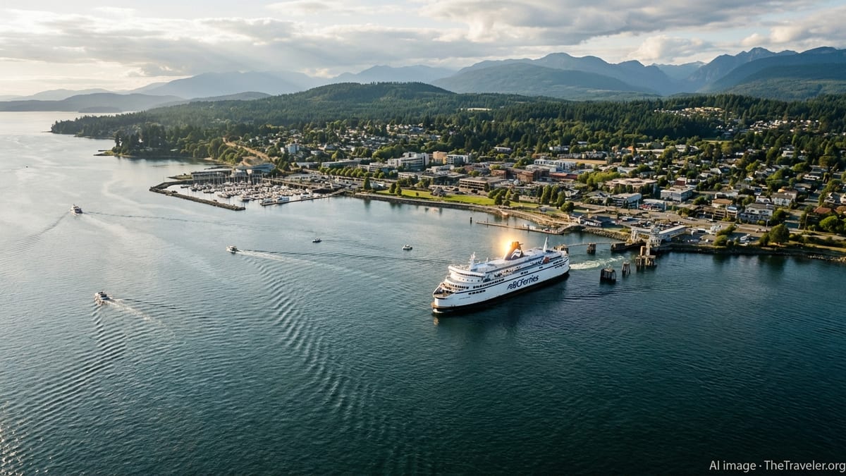 A BC ferry approaches Nanaimo’s shoreline with the city and forested hills in the background.