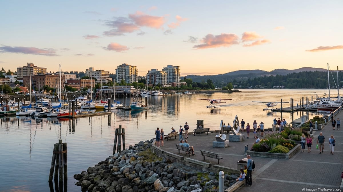 Golden-hour view of Nanaimo BC harborfront with seawall, boats, and downtown skyline.