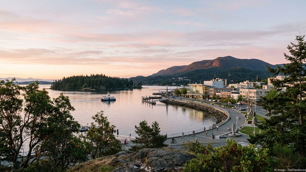 Sunrise over Nanaimo harbor and downtown with trails, ferry and forested hills in view.