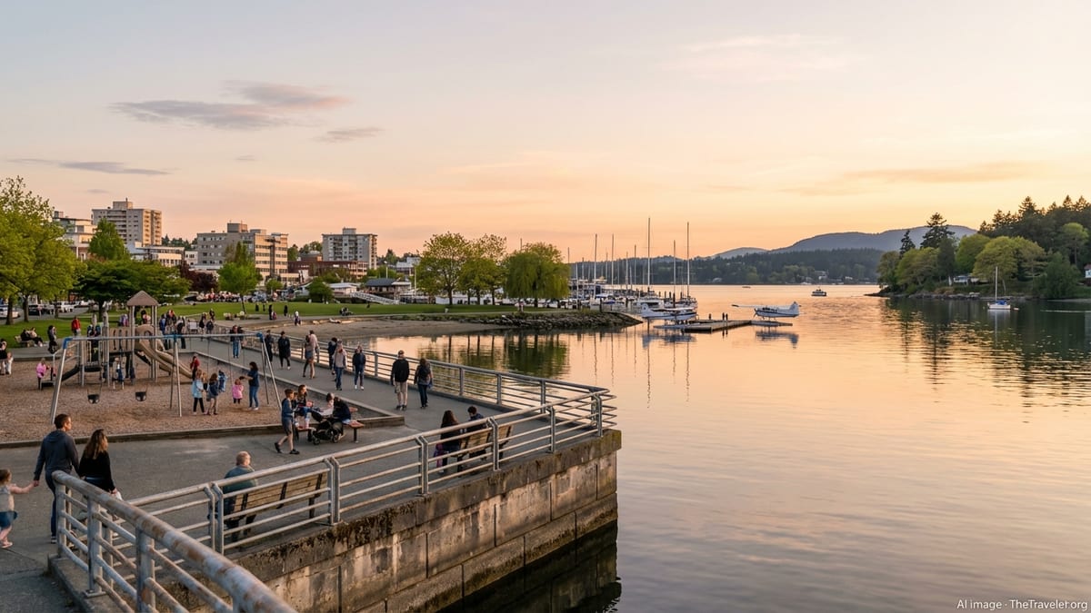Sunset over Nanaimo’s harbourfront with people walking beside Maffeo Sutton Park and Sway a Lana Lagoon.