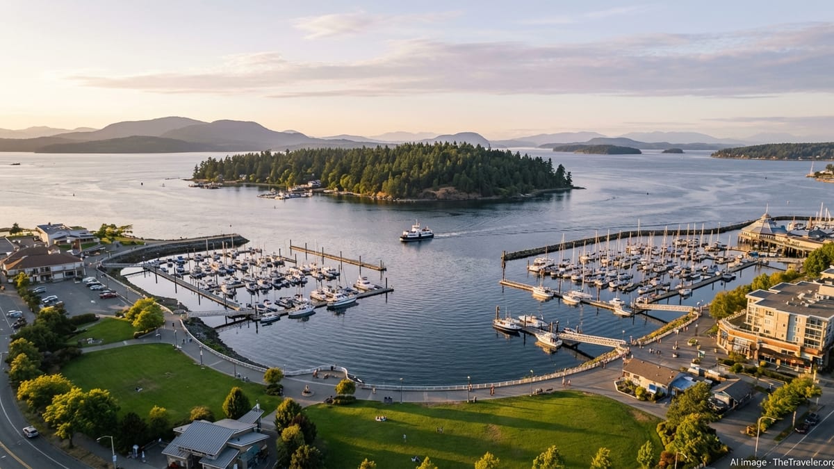 Aerial view of Nanaimo harbor, waterfront park, and Newcastle Island at sunset on Vancouver Island.