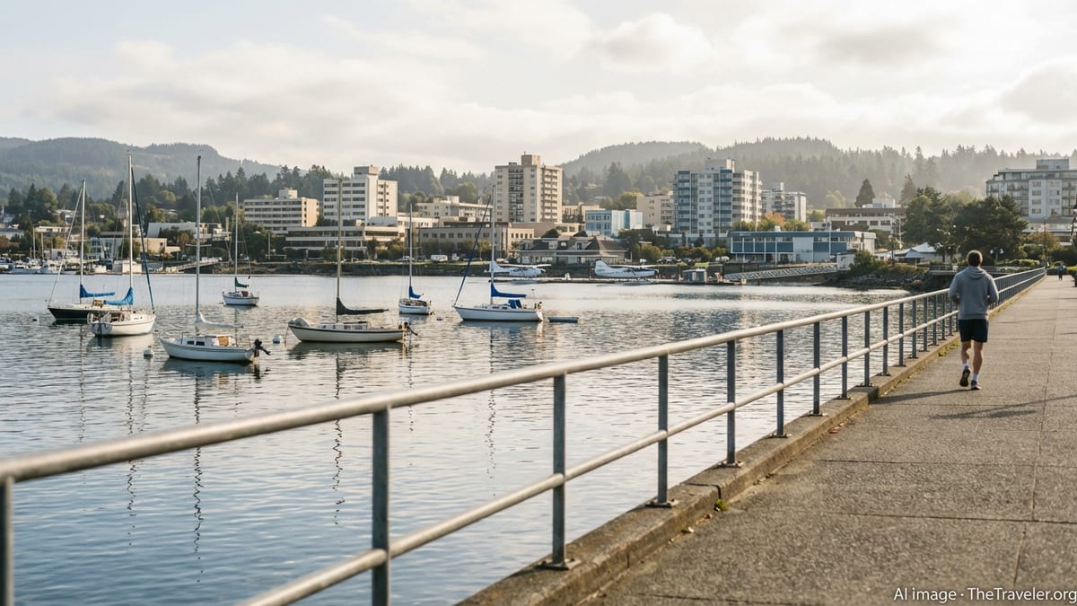 Nanaimo harbour waterfront with boats, low skyline, and forested hills on a calm afternoon.