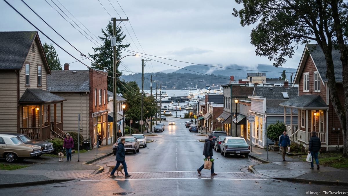 Evening street view of Nanaimo’s Old City Quarter with heritage houses and harbour in the distance.