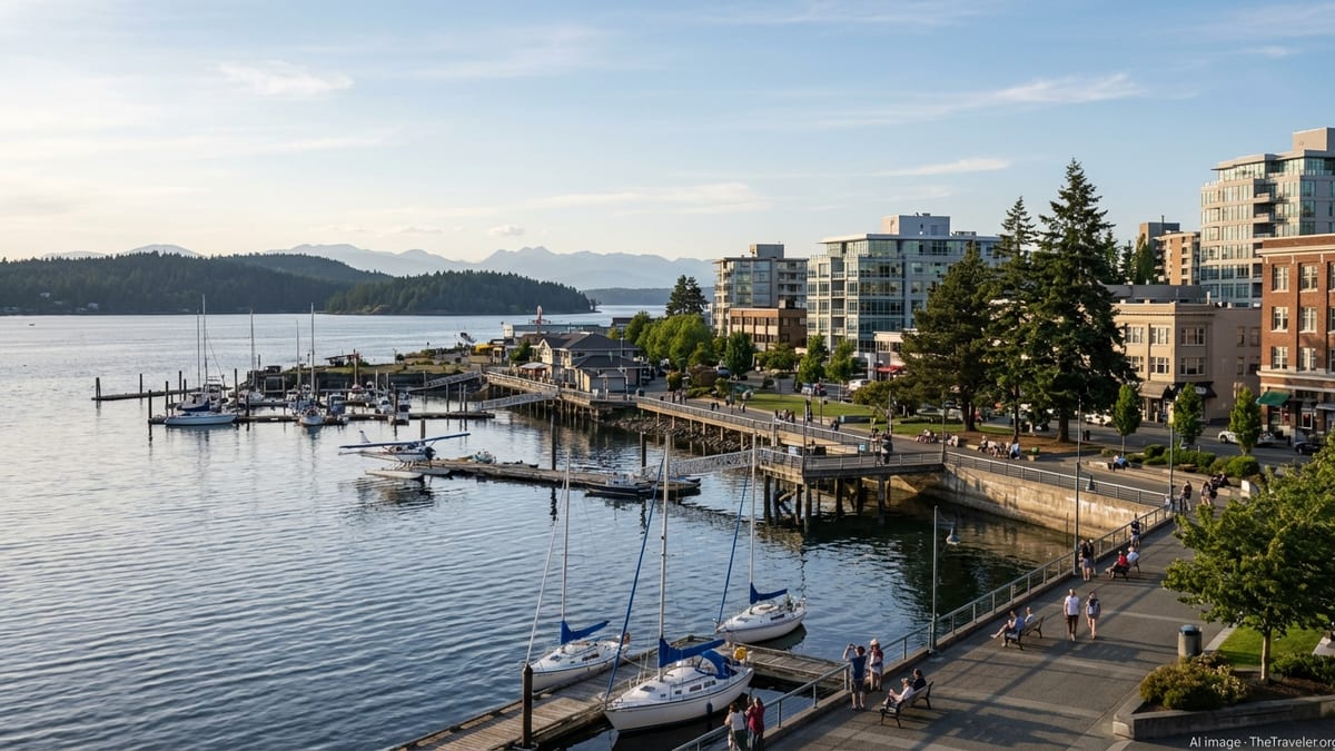 Nanaimo’s downtown waterfront and harbour on Vancouver Island at golden hour.