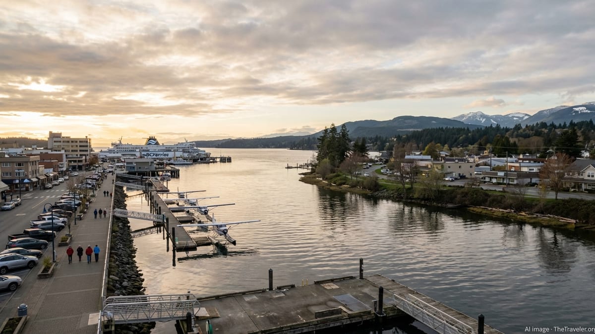 Harbourfront cityscape and river valley town on central Vancouver Island at golden hour.