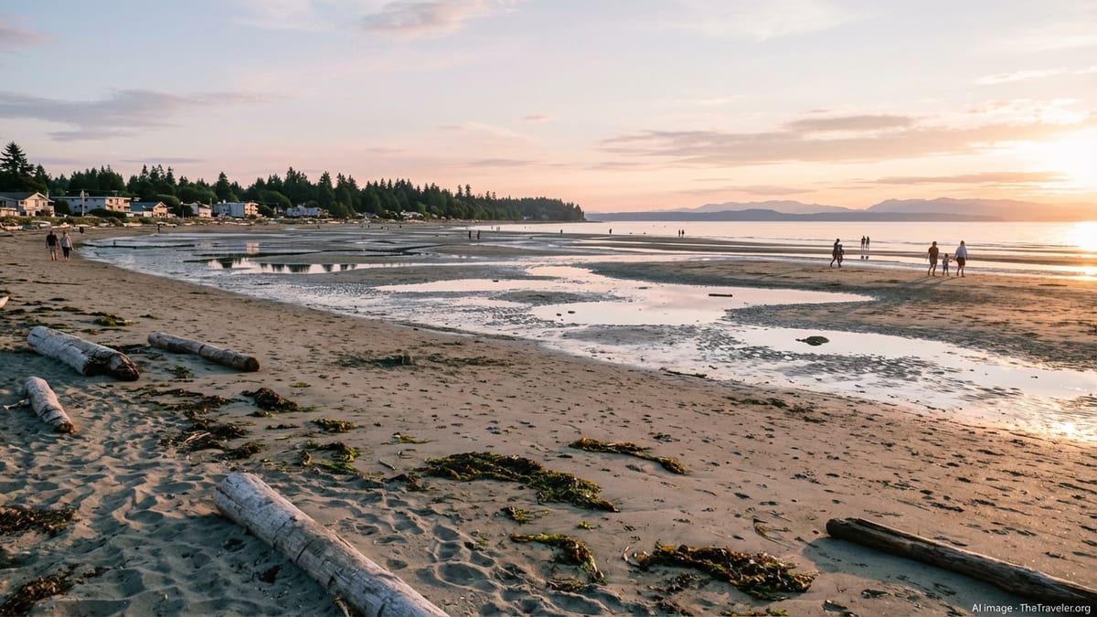 Wide sandy beach at low tide in Parksville with distant walkers and soft evening light.
