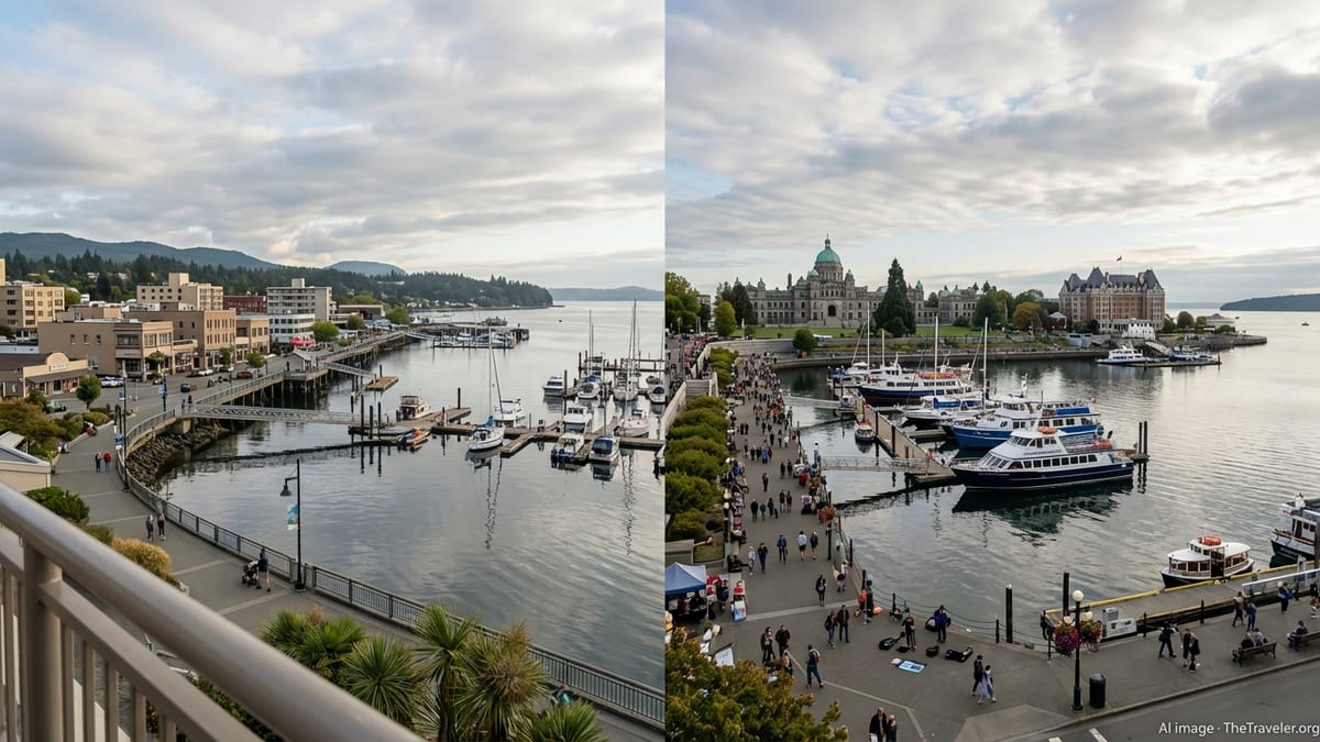 Panoramic coastal view comparing Nanaimo’s quieter harbour with Victoria’s busy Inner Harbour on Vancouver Island.