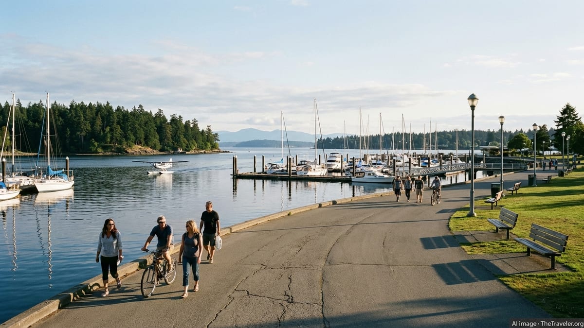 People walking along Nanaimo’s harbourfront promenade beside marinas and calm island-dotted water.