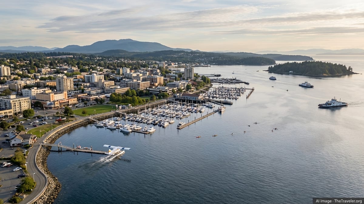 Aerial view of Nanaimo’s downtown waterfront, marinas and harbour framed by forested hills and calm coastal waters.