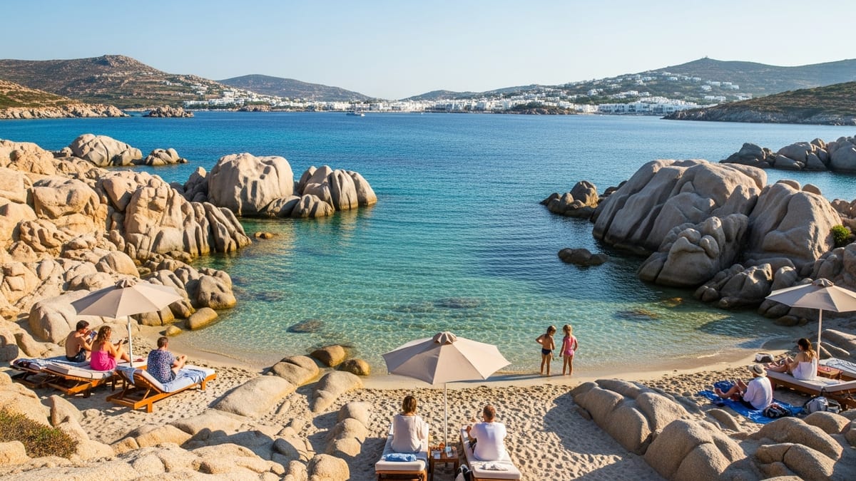 Naoussa Bay in Paros, Greece, featuring rocky shoreline, turquoise water, white village, relaxed visitors, and small boats