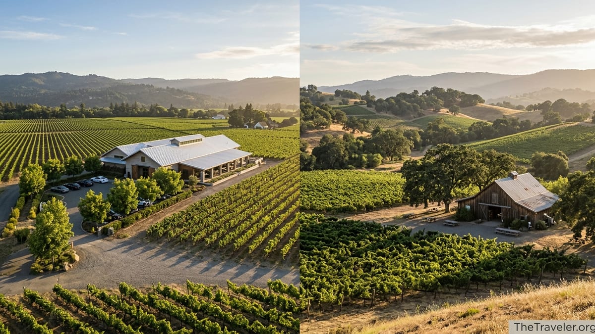 Golden-hour view over Napa and Sonoma vineyards with contrasting wineries and rolling hills.