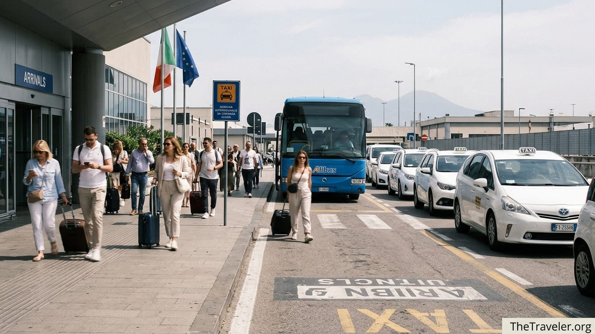 Travellers exiting Naples International Airport toward the Alibus stop and taxi rank on a sunny day.