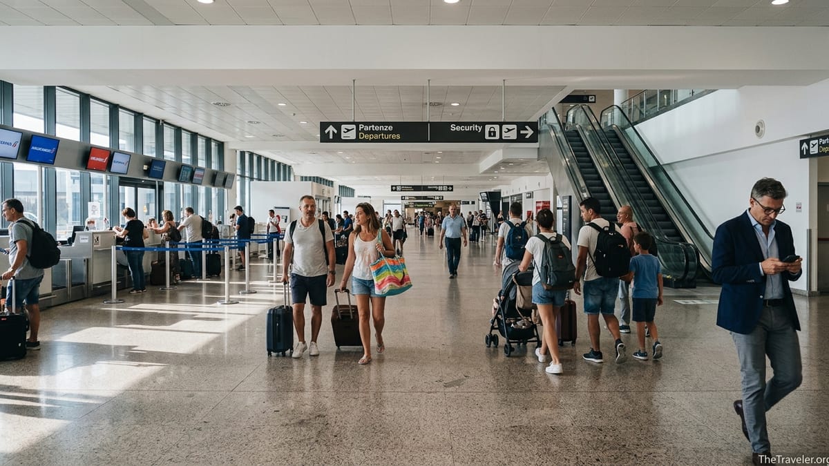 Passengers walking through departures hall at Naples International Airport toward security.