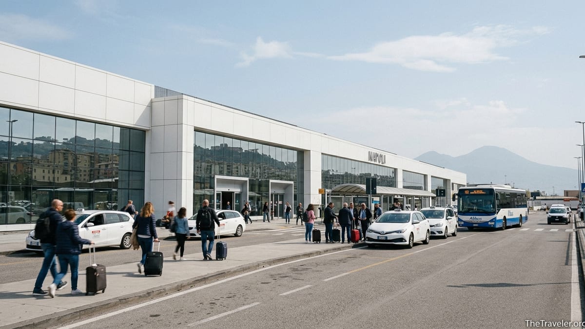 Travelers outside Naples International Airport with taxis and shuttle bus in front of the terminal.