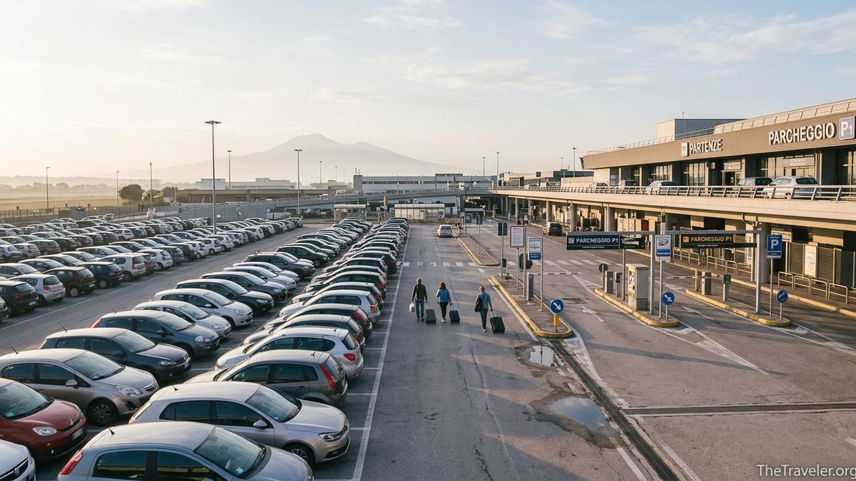 Early morning view of Naples airport P1 car park with terminal and Vesuvius in background.
