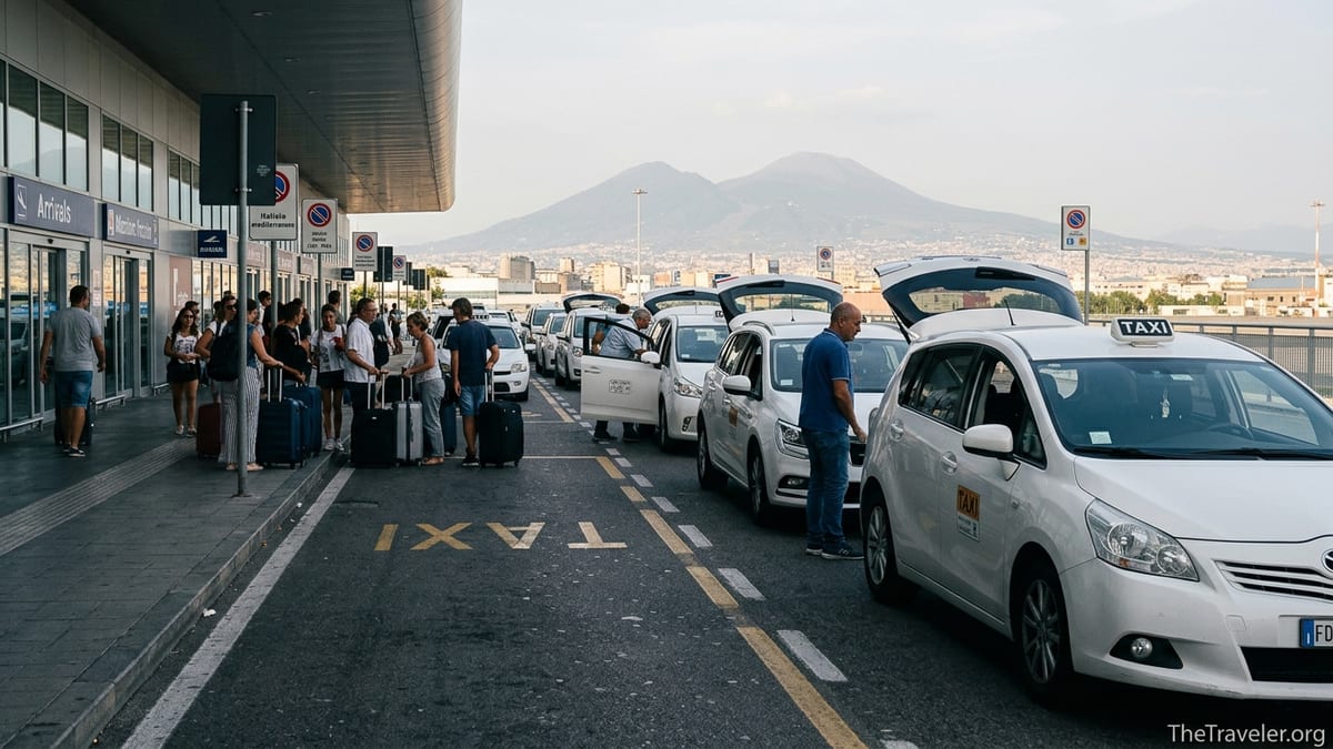 Official white taxis waiting at the Naples airport taxi rank as travellers load luggage.