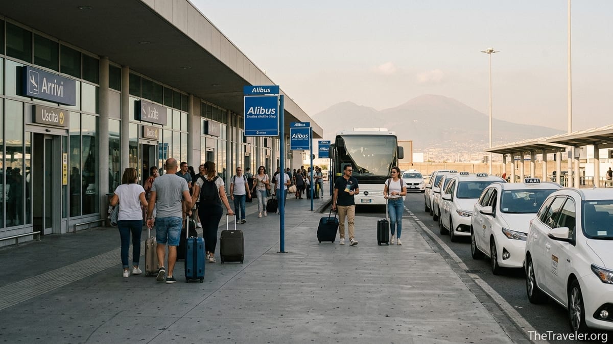 Travellers leaving Naples International Airport toward the Alibus stop and taxi rank on a sunny afternoon.