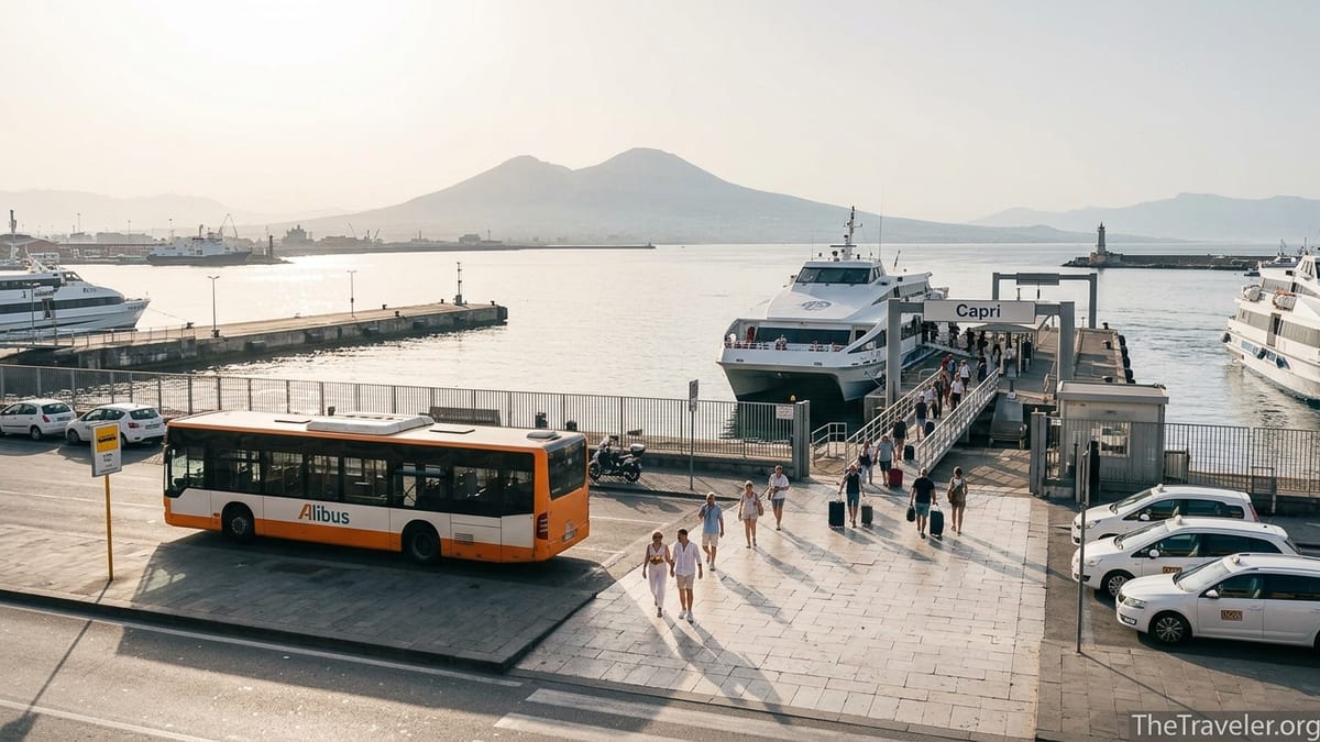 Travelers with luggage arriving by Alibus at Naples Molo Beverello ferry port at sunrise.