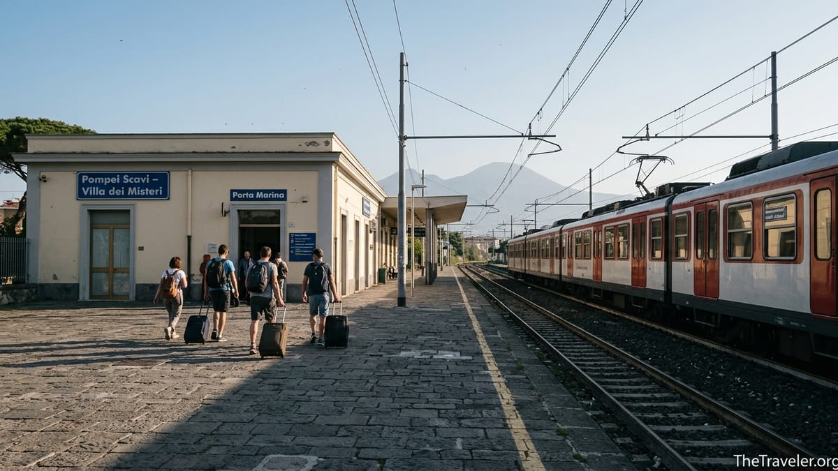Travelers arriving by train at Pompei Scavi station with Mount Vesuvius in the background.