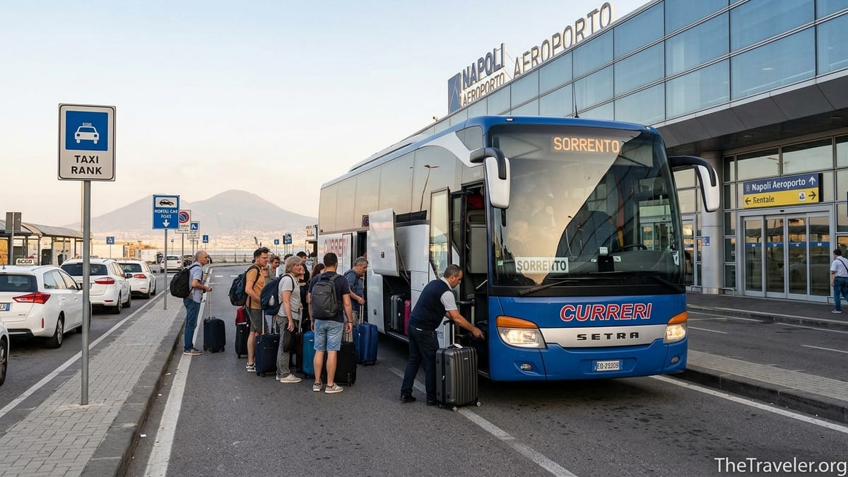 Travelers with luggage boarding an airport coach to Sorrento outside Naples International Airport.