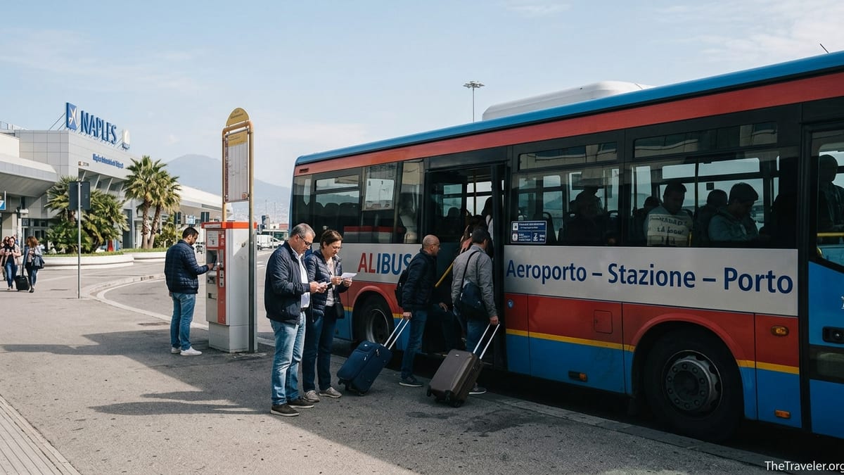 Travelers with luggage boarding the Alibus shuttle outside Naples International Airport.