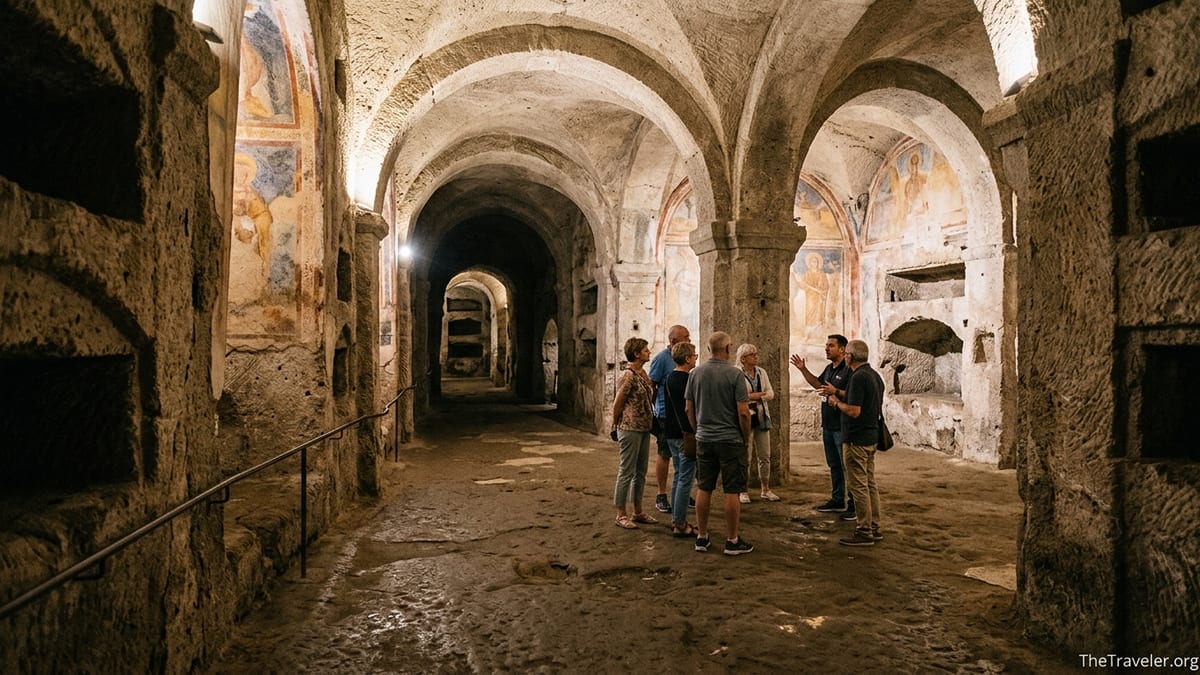 Visitors with a guide exploring the softly lit underground chambers of the Catacombs of San Gennaro in Naples.