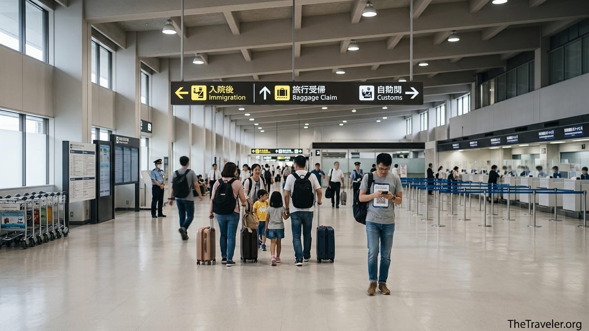 Travelers follow immigration and baggage claim signs in Tokyo Narita Airport arrivals hall.
